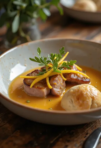 Cūkgaļas fileja dārzeņu un sinepju mērcē pasniegta