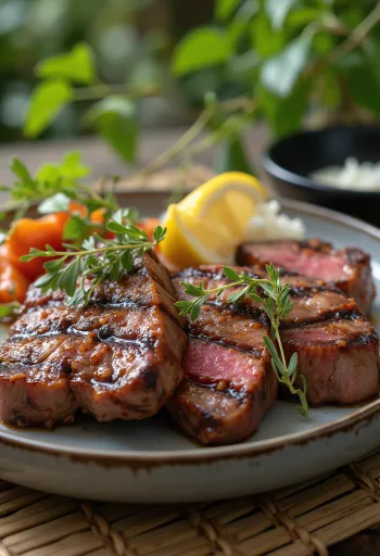 Grilēti emu steiki pasniegti uz lauku stila šķīvja
