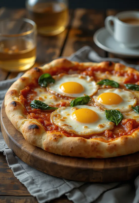 Pizza alla Bismark pasniegta ar svaigu olu un spinātiem
