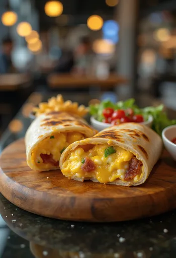 Brokastu burrito pildīts ar olām, bekonu un sieru