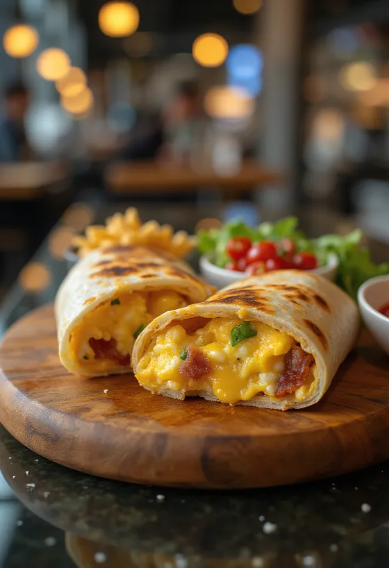 Brokastu burrito pildīts ar olām, bekonu un sieru