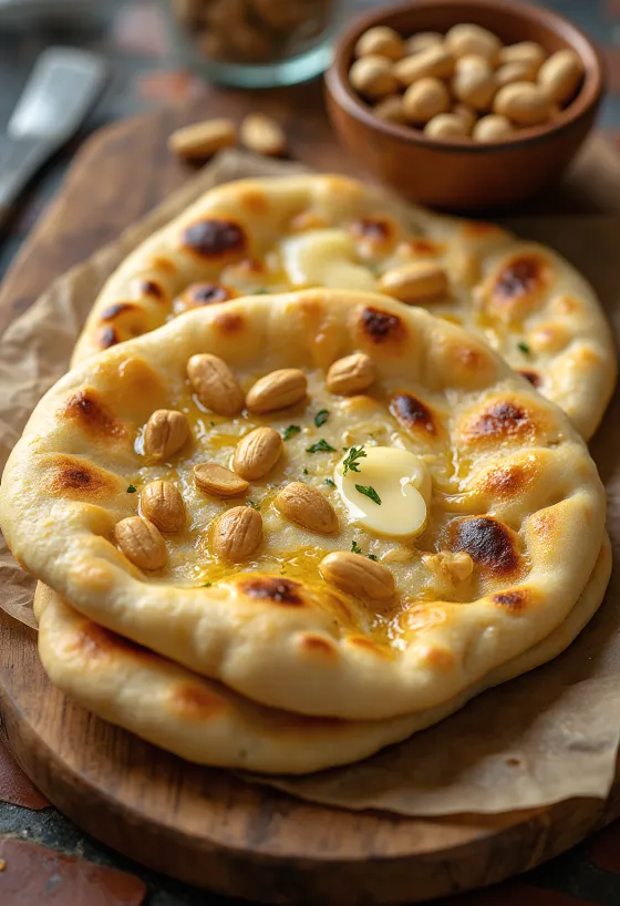 Pasniegta Naan maize ar grauzdētiem zemesriekstiem