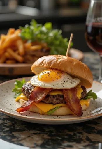 Svaigi gatavots brokastu burgers ar olām un bekonu