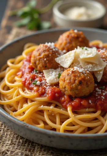 Spageti ar gaļas bumbiņām un tomātu mērci