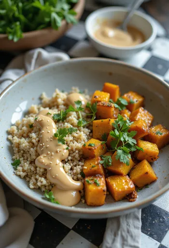 Ķirbju, kvinojas un laima tofu budas bļoda ar karija tahini