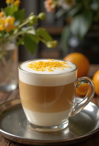 Apelsīnu un vaniļas latte kafijas dzēriens, rotāts ar putukrējumu un apelsīna šķēli