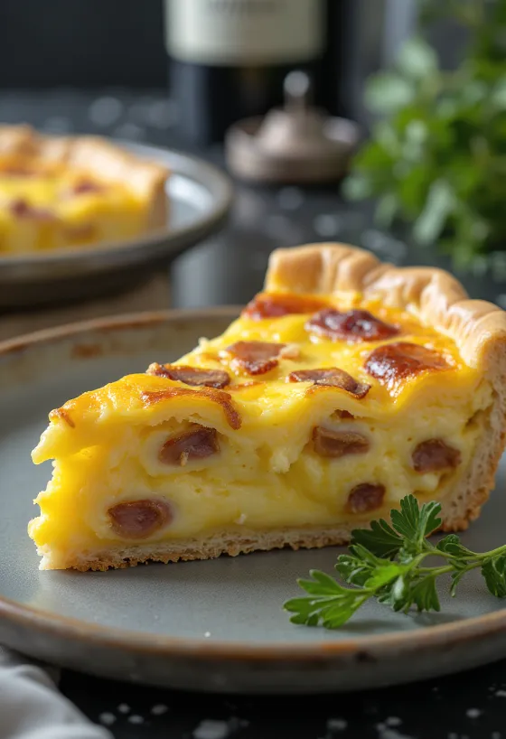 Klasisks Lotringas pīrāgs (Quiche Lorraine), kraukšķīgā mīklā ar krēmīgu pildījumu, bekona gabaliņiem un sieru.