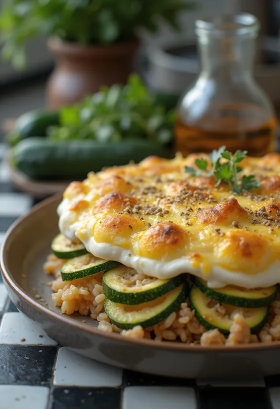 Cukīni sacepums ar malto gaļu, rīsiem un krējuma virskārtu, cepts zeltaini brūns