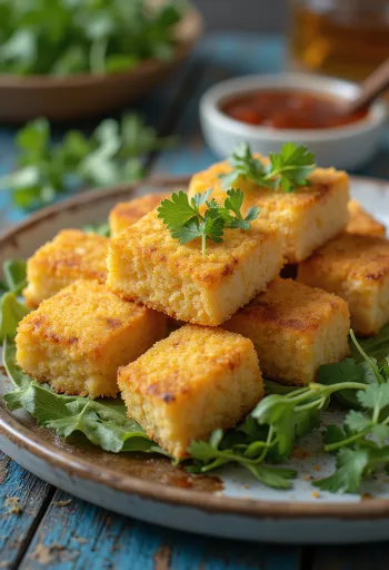 Panēts tofu ar turku zirņu miltiem un zaļumiem