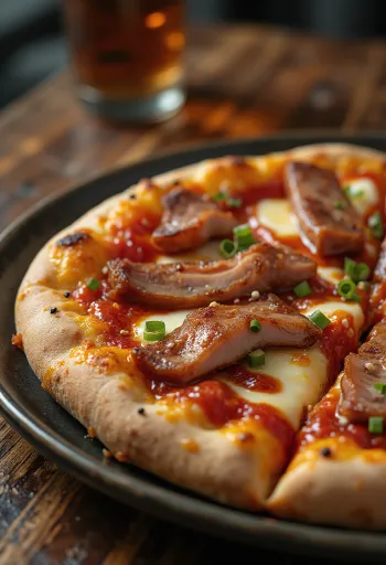 Char Siu cūkgaļas ķīniešu pica pasniegta