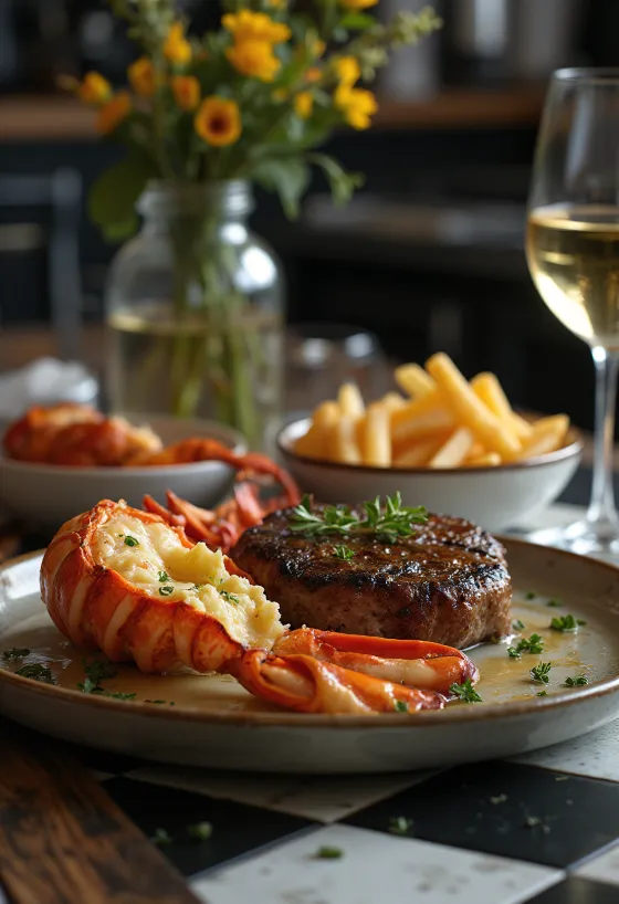 Grilēts omārs un steiks, luksusa surf and turf ēdiens