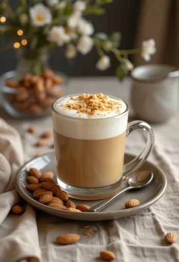 Medus un mandeļu latte glāzē, pārkaisīta ar mandeļu skaidiņām un kanēli