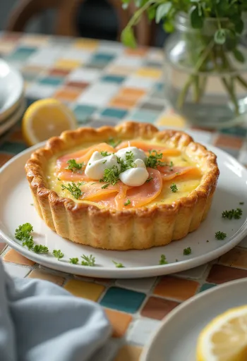 Pasniegts Quiche au Saumon pīrāgs