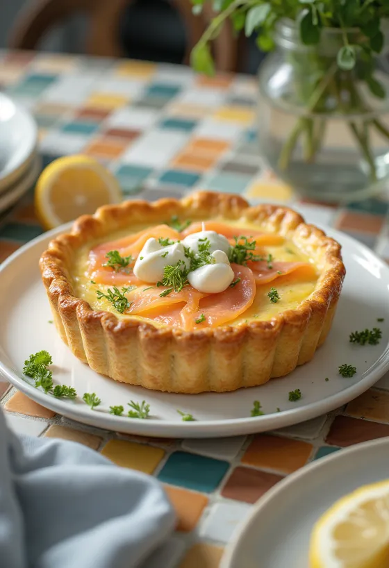 Pasniegts Quiche au Saumon pīrāgs