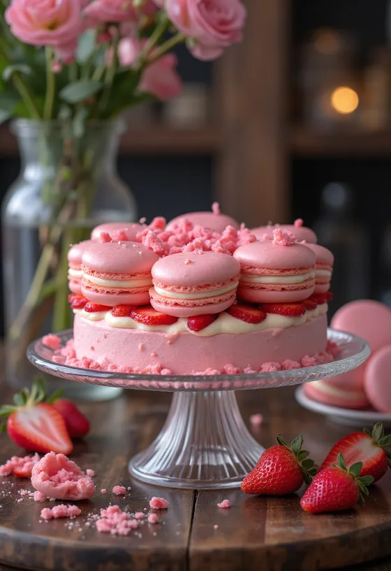 Rozā makarūnu torte elegantā pasniegumā