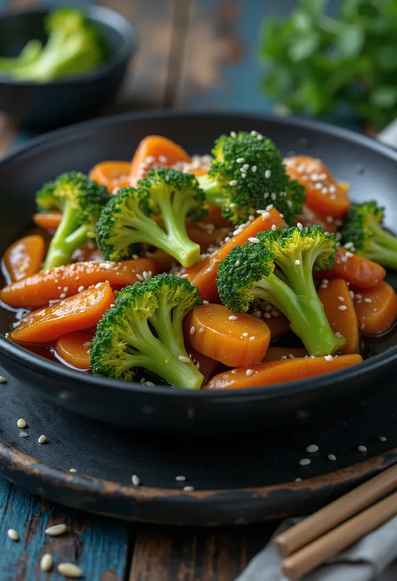 Wok pannā cepti brokoļi ar sezama sojas mērci un kraukšķīgiem dārzeņiem.