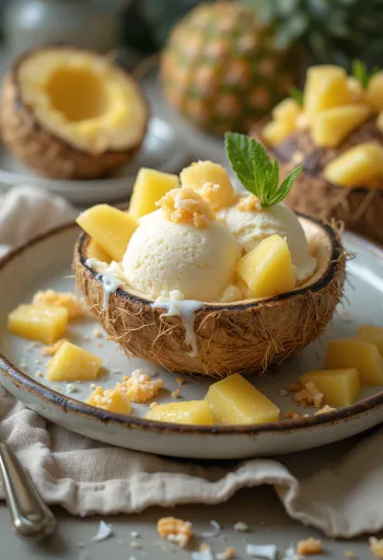 Pina Colada saldējums pasniegts ar kokosriekstu gabaliņiem un ananāsu
