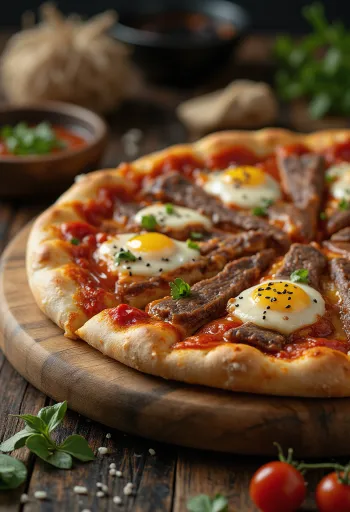 Bulgogi liellopa gaļas korejiešu pica pasniegta