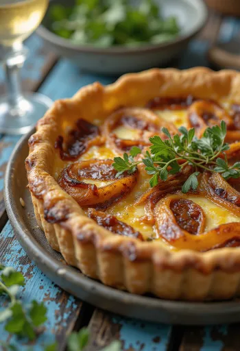 Pasniegts Quiche aux Oignons pīrāgs