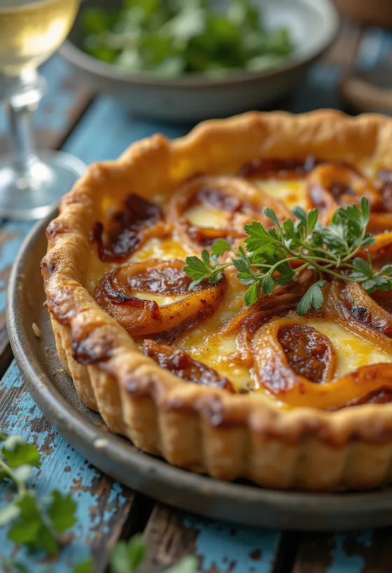 Pasniegts Quiche aux Oignons pīrāgs