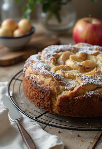 Magoņu un ābolu torte pasniegta