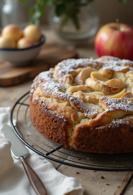 Magoņu un ābolu torte pasniegta