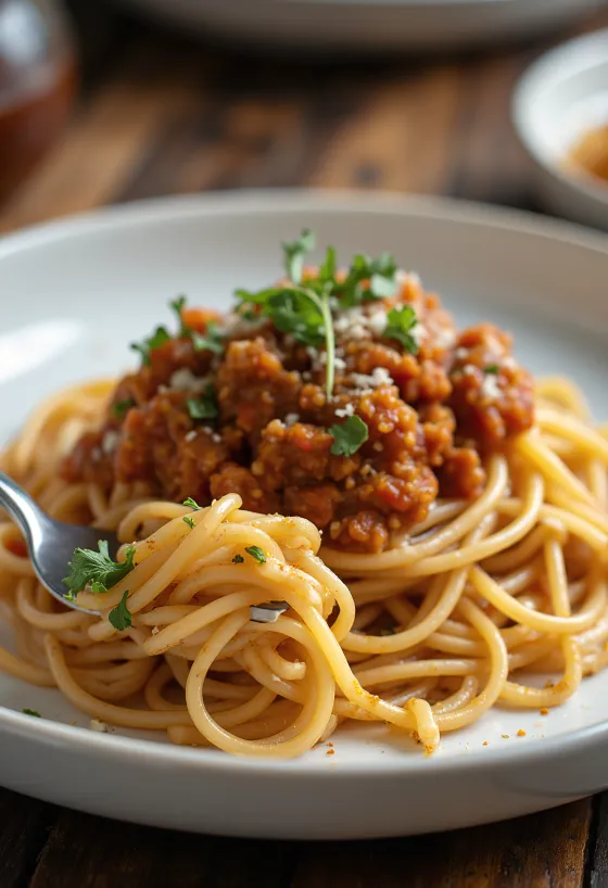 Vegāniskie boloņas spageti pasniegti ar svaigiem pētersīļiem