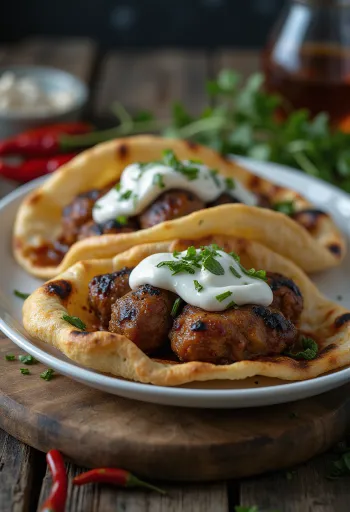 Pikantais kebabs uz šķīvja ar dārzeņiem