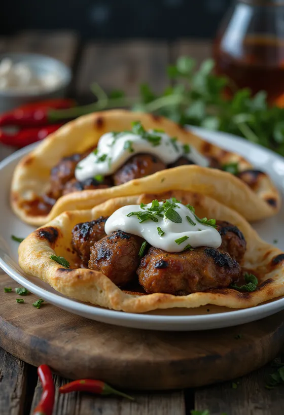 Pikantais kebabs uz šķīvja ar dārzeņiem