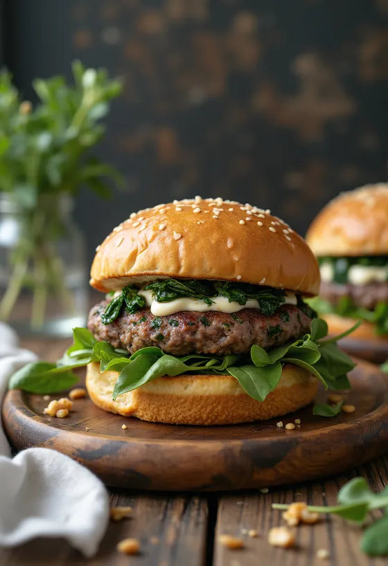 Spinātu un Fetas siera burgers ar sulīgu gaļas kotleti un apceptiem spinātiem