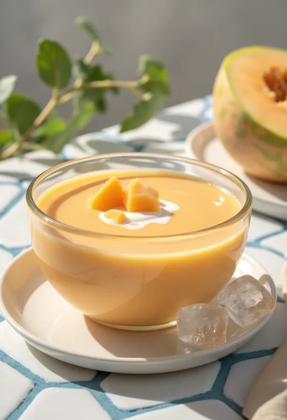 Krēmīga melones zupa pasniegta bļodā