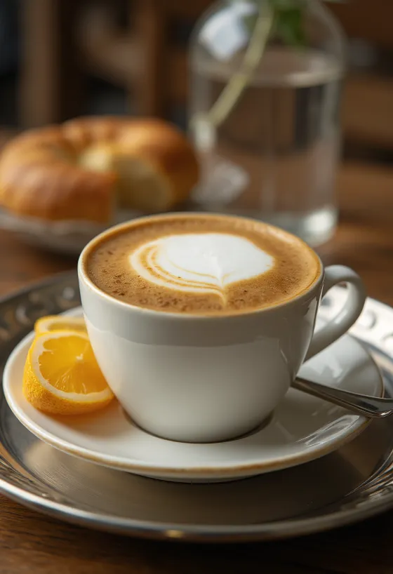 Kanēļa-ingvera latte, kafijas dzēriens, rotāts ar kanēļa standziņu un ingveru