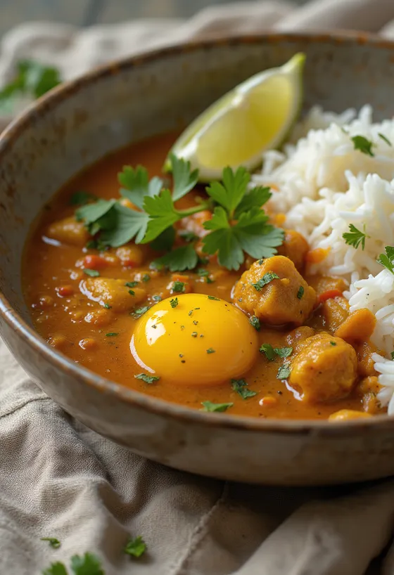 Vegānisks baklažānu karijs pasniegts ar rīsiem, pārkaisīts ar svaigu koriandru