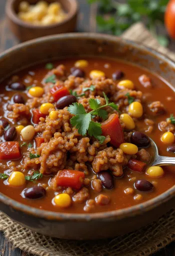 Chili con carne pasniegts ar rīsiem un tortiljas čipsiem