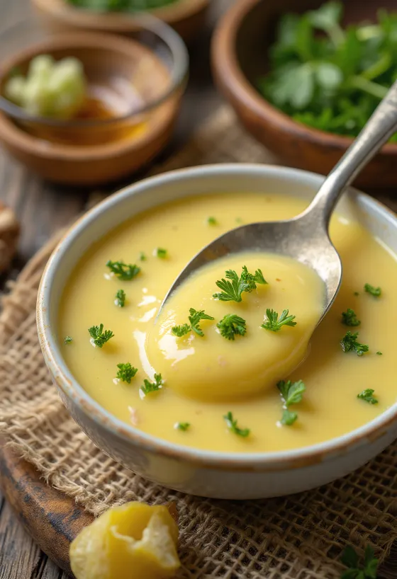 Sinepju mērce ar medu un dillēm bļodiņā, pasniegta ar svaigām dillēm un citronu.