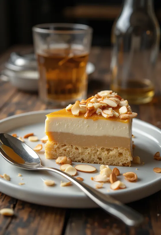 Piena karameles torte dekorēta ar grauzdētām mandelēm