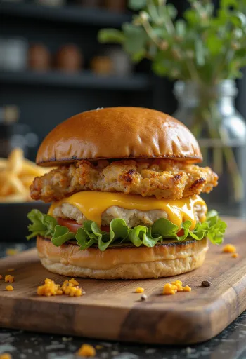 Pildīts vistas burgers ar grilētu vistu un kūstošu sieru