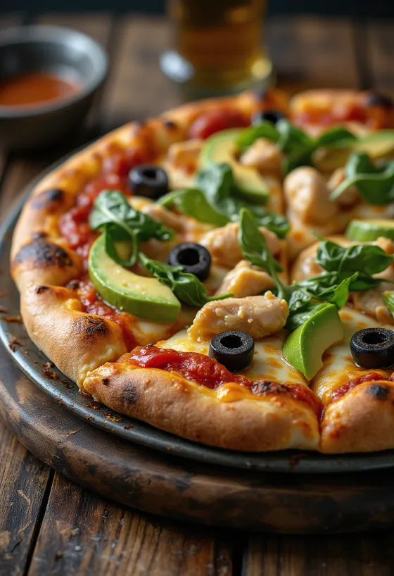 California Pizza ar svaigu avokado, vistas krūtiņu un spinātiem