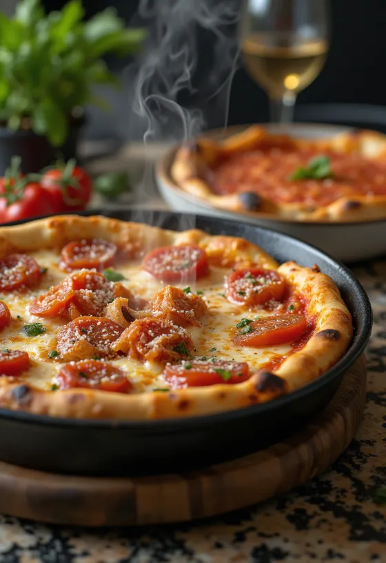 Čikāgas Deep-Dish pica ar daudz siera un tomātu mērci