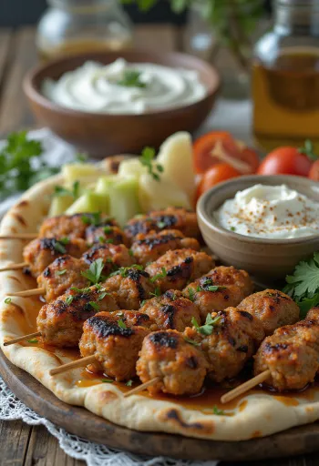 Kafta pasniegta ar svaigu pitu un salātiem