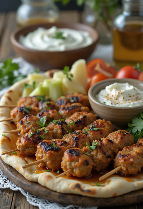 Kafta pasniegta ar svaigu pitu un salātiem