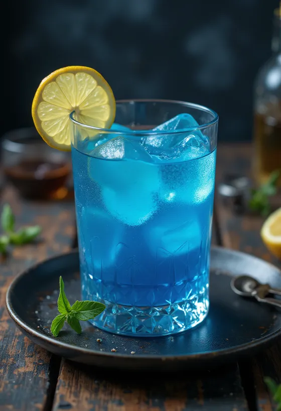 Blue Lagoon kokteilis rotāts ar citrona šķēlīti un kokteiļķirsi