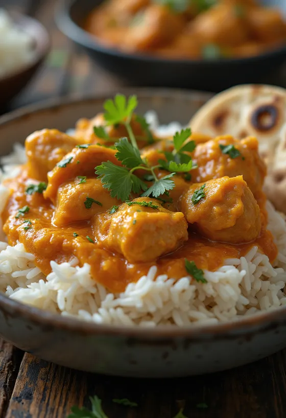 Vistas tikka masala pasniegta ar basmati rīsiem