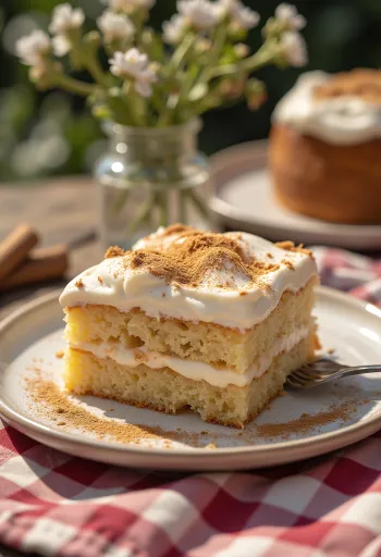Kanēļa krēma torte pasniegta gabaliņos