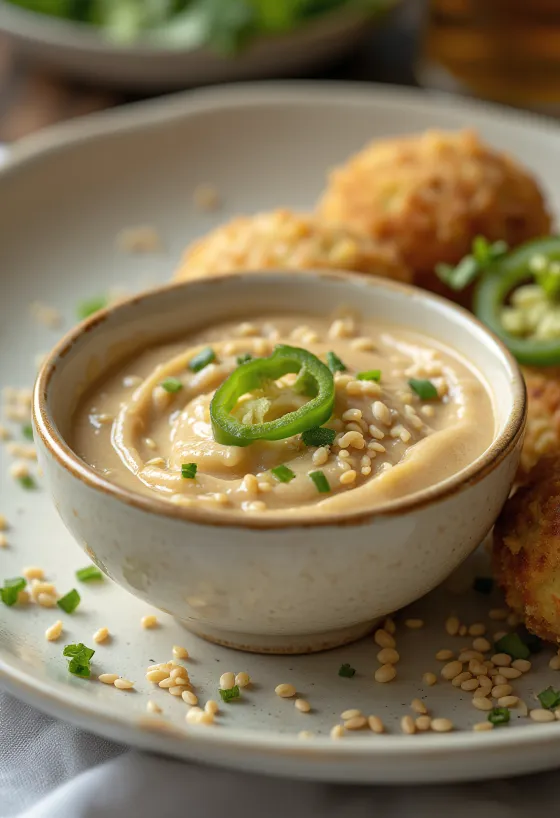 Halapenjo, sezama un tahini mērce pasniegta
