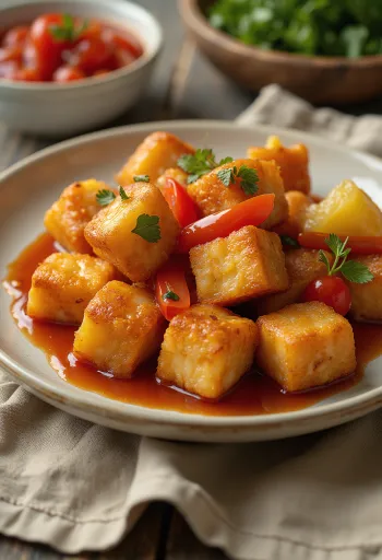 Kraukšķīgs cepts tofu saldskābā mērcē, pasniegts uz šķīvja