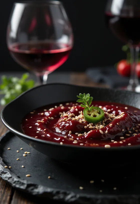 Jalapeño un sezama sarkanvīna mērce pasniegta