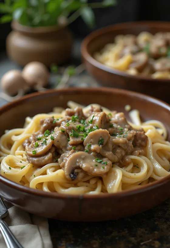 Liellopa stroganovs pasniegts ar rīsu nūdelēm