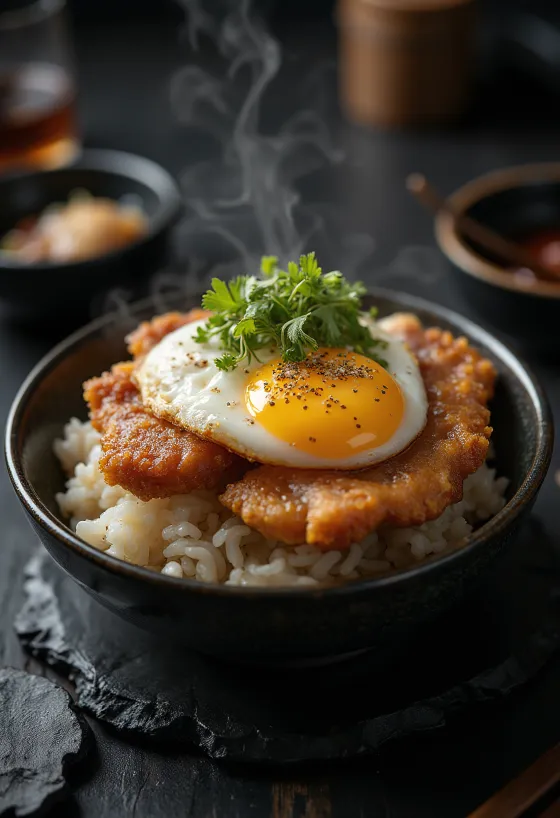 Katsu Don pasniegts, ar kraukšķīgu cūkgaļu un lokiem