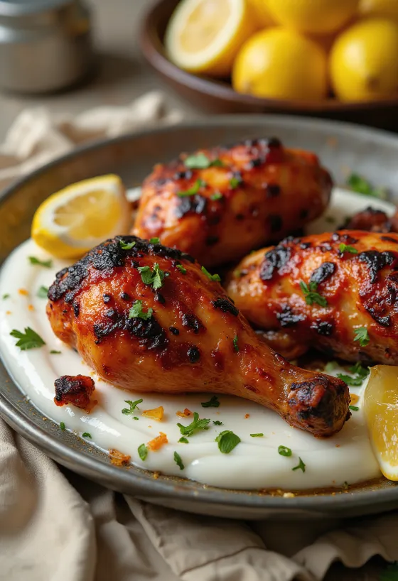 Tandoori vistas stilbi, pasniegti ar naan maizi un svaigiem salātiem